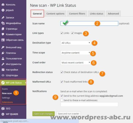 проверка ссылок WordPress, плагин WP Link Status, генеральная настройка
